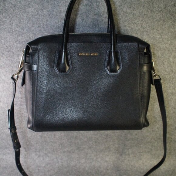 Michael Kors Mercer Belted Small Satchel Black Leather Top Handle Bag Purse - Picture 5 of 5